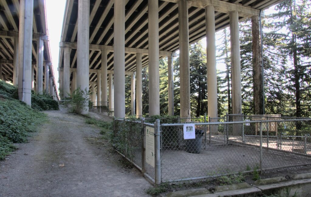 A view of the fenced-in area clearly shown under the I-5 south lanes