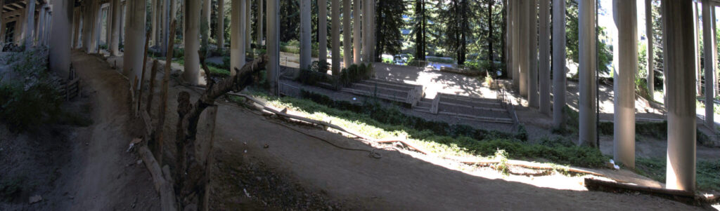 Panoramic view of the dog park under I-5