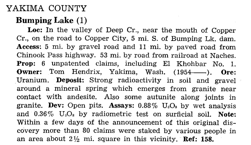 Screenshot of text describing Uranium found near Bumping lake in yakuma county