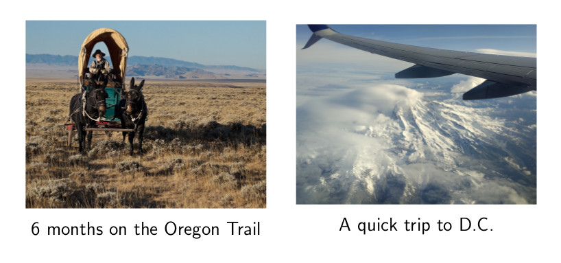 Picture of
guy on oregon trail vs. jet flying over mt. rainier